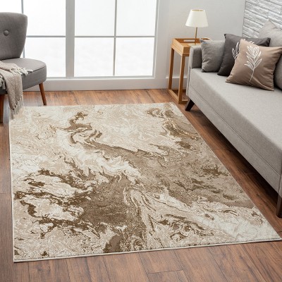 Abstract Marble Swirl Beige Synthetic Area Rug 5' x 7'