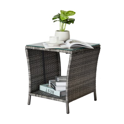VisioGear Square End Table, Outdoor Bistro Coffee Table with Glass Top Storage Shelf for Porch Garden Backyard, Gray, 17.9"*17.9"*20"