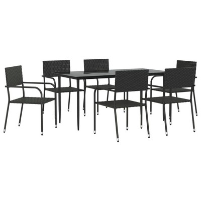 vidaXL Garden Dining Set Black PE Rattan, Powder-Coated Steel, Glass - 63" Table Length Black 6