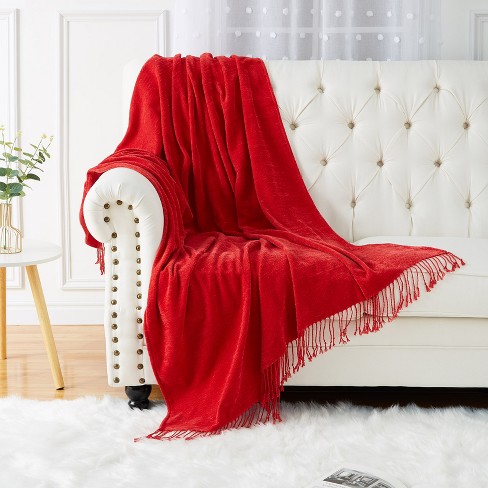 Red Striped good Soft Knit Fringe Throw Blanket