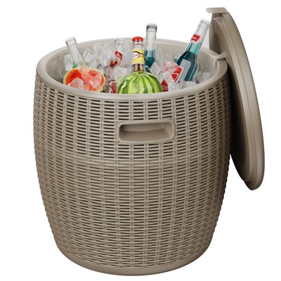 VisioGear Ice Buckets, Portable Ice Bucket Cooler with Table Top and Lid, Outdoor Drink Cooler Bar for Party, Pool, Brown, 16.17"*16.7"*17.3"