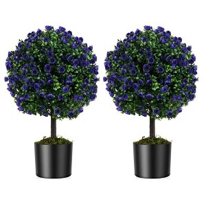 Resenkos 22-Inch Artificial Rose Topiary Ball Pair, Purple Blooms in a Decorative Cement Pot, Green/Purple - 1 of 4