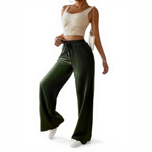Clearlove Women's Casual Pants Drawstring Elastic Waist Flowy Wide Leg Trousers with Pockets - 1 of 4