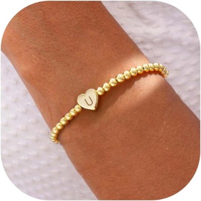 Beaded Bracelets for Women Dainty Heart Initial Bracelet Letter A-Z Charm Bracelet for Women Stretch