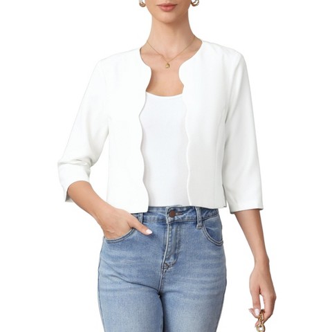 INSPIRE CHIC Women's Open Front 3/4 Sleeve Crew Neck Work Office Suit Jacket Blazer Small White