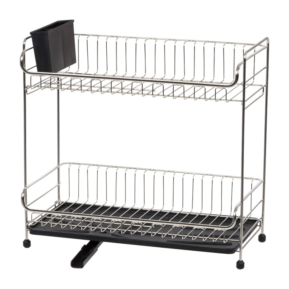 IRIS 2 Tier Stainless Steel Compact Dish Drying Rack with Plastic Drain Black