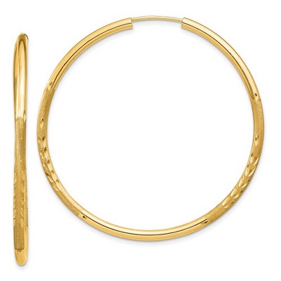 Black Bow Jewelry 2mm x 44mm 14k Yellow Gold Satin Diamond-Cut Endless Hoop Earrings