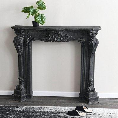 Ornate Black Wood Wall-Mounted Decorative Fireplace Mantel