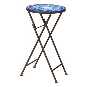Vynxaria Patio End Tables - Outdoor Folding Accent Table with Glass Top, White and Blue - 1 of 4