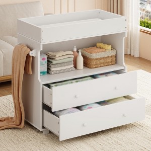 Baby Changing Table Dresser, Nursery Dresser with Changing Table Top, Modern Diaper Changing Station with 2 Drawers & Open Shelf for Children's Room - 1 of 4