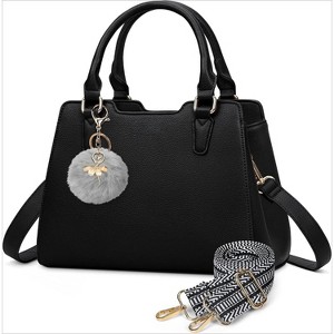 Women's Top Handle Tote Bag PU Faux Leather Shoulder Bag Women's Wallet Handbag with Cute Pom Pom - 1 of 4