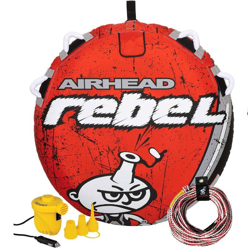 Airhead Rebel 54" 1 Person Durable Red Towable Lake Boating Tube Kit with 16 Strand Tow Rope, Speed Safety Valve, and 12V Pump Kit, 1 of 7