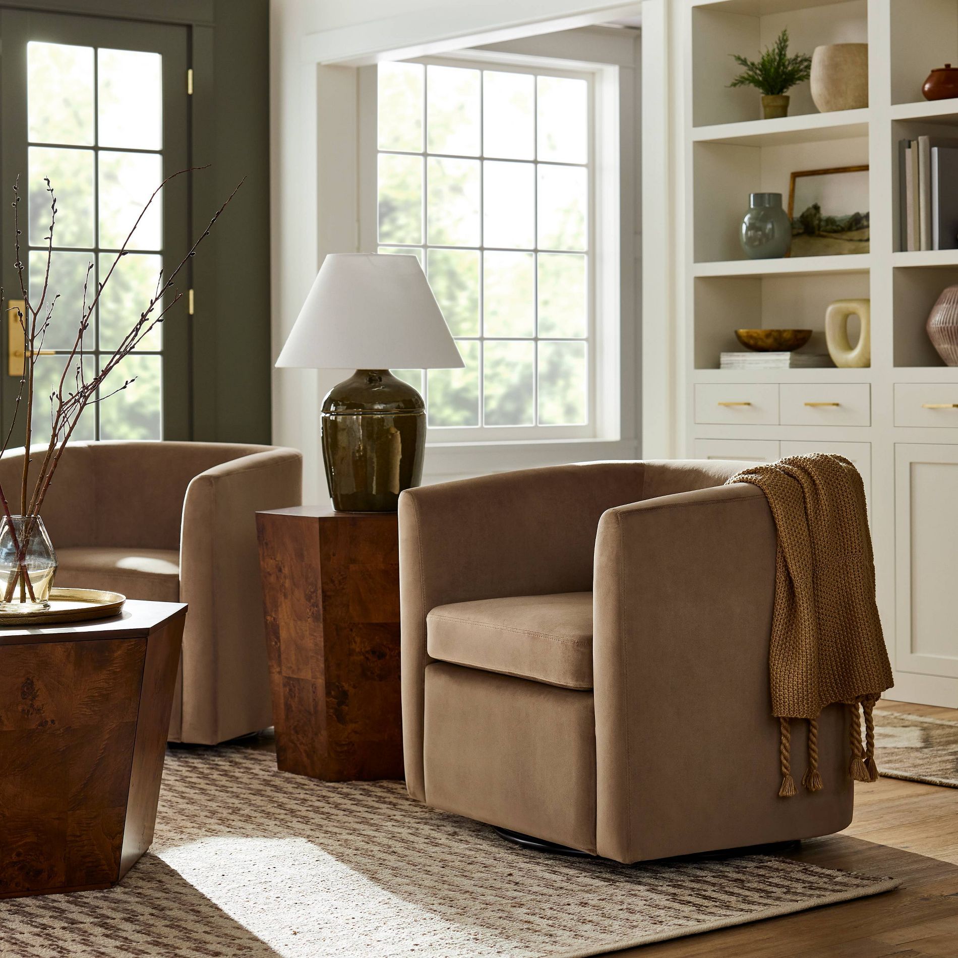Vernon Upholstered Barrel Swivel Accent Chair Light Brown Velvet - Threshold™ designed with Studio McGee: Polyester, Plywood Frame