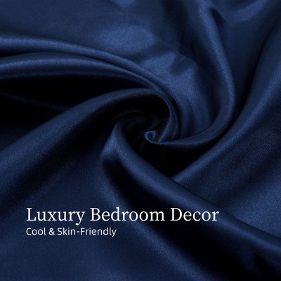 Skyzone Queen Size 4-Piece Satin Bedding Set - Silky 90GSM Sheets with 15" Deep Pocket, Navy Blue, Navy Blue 90"x102" — фото 4