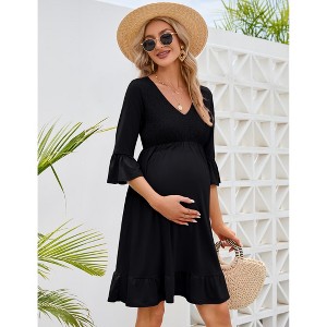 Women's Maternity Fall Casual Smocked 3/4 Long Sleeve Boho Dress V Neck Flowy Ruffle Midi Dress Baby Shower Photoshoot - 1 of 4