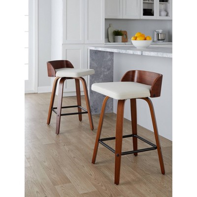 Beige Swivel Upholstered Counter Stool with Wood and Metal Frame