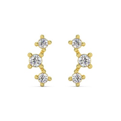 Pompeii3 1/5Ct TW 3-Stone Diamond Crawler Earrings 14k Gold Studs Lab Created 1/3" Tall