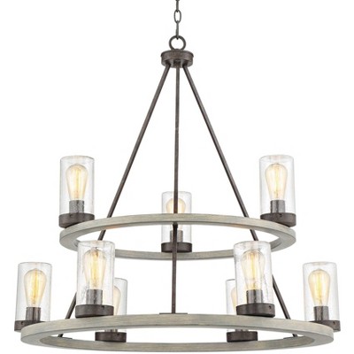 Franklin Iron Works Gray Wood Bronze Large Wagon Wheel Chandelier 32" Wide Two Tier Seeded Glass 9-Light Fixture for Dining Room