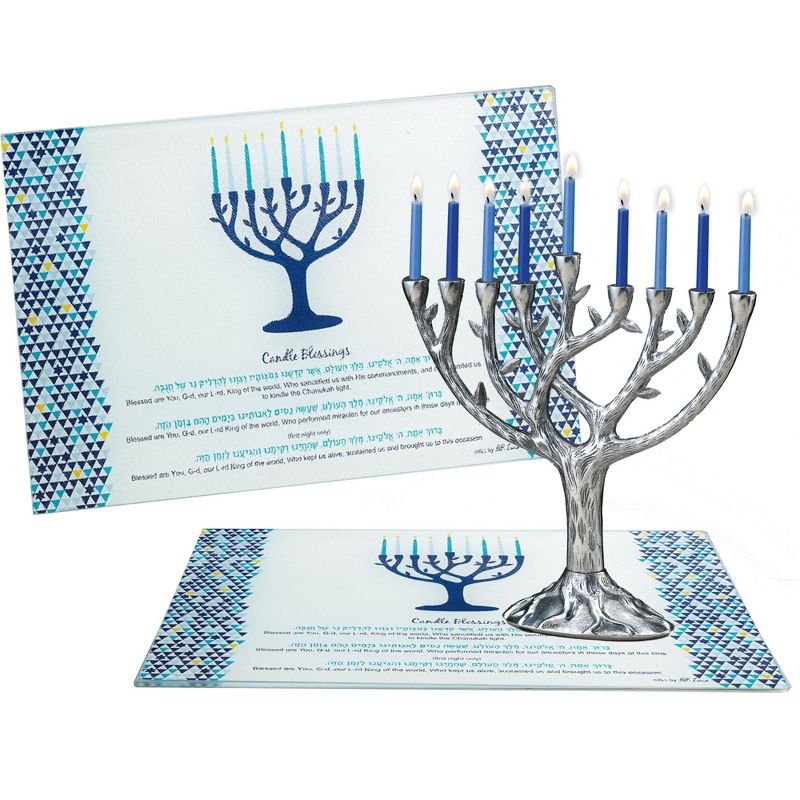 Rite Lite 11.75" Tree of Life Inspired Hanukkah Menorah Tempered Glass Drip Tray - Blue/White, 4 of 5