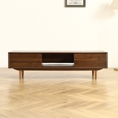 63 Inch Modern TV Cabinet with Double Sliding Doors Wood Legs TV Console Media Cabinet Entertainment Center Walnut