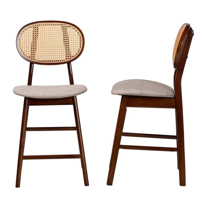 Grey Fabric and Walnut Brown Wood 2-Piece Counter Stool Set
