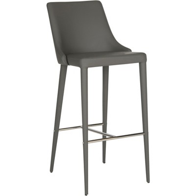Transitional Gray Leather and Metal Bar Stool with Footrest