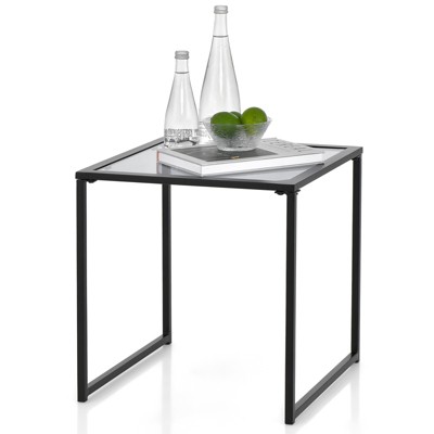 Tangkula 17 Tempered Glass Top Side Table Indoor Outdoor Small End Table w Metal Frame Space Saving Square Coffee Table