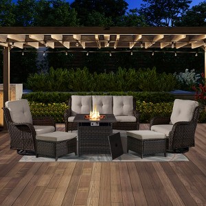 POCASSY 6 Piece Patio Furniture Set with Fire Pit, All Weather Wicker Rattan Patio Sofa Couch Set with Swivel Patio Chair and 50000BTU Square Fire Pit - 1 of 4
