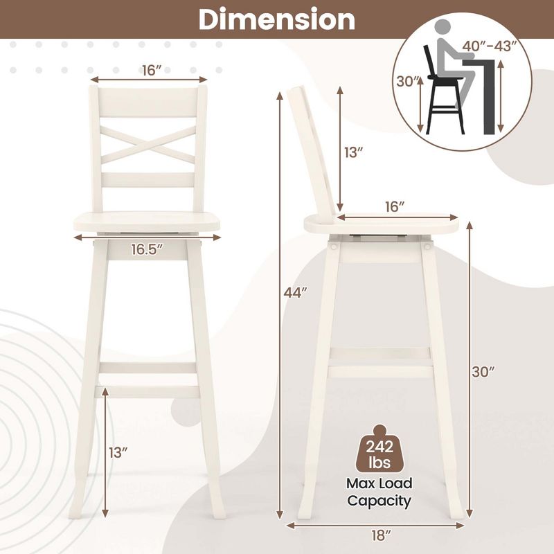 Costway 2 PCS 24"/30" Counter/Bar Height Stool Rubber Wood Swivel Bar Stool with Inclined Backrest White, 3 of 9