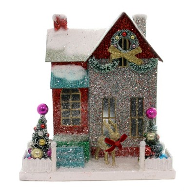 Cody Foster 11.0" Merry & Bright Glitter Cottage Red Putz House Reindeer Christmas  -  Decorative Figurines