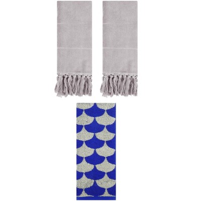 REGALWOVEN 3 Packs Geometric and Solid Absorbent Soft Cotton Hand Towel Set