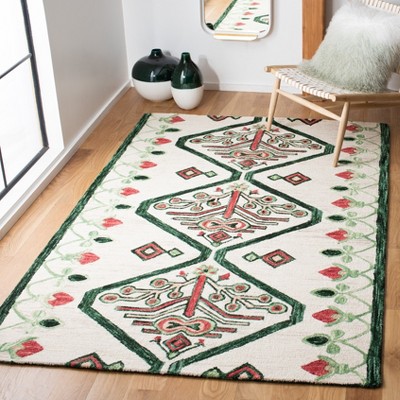 Ivory and Green Hand-Tufted Wool Area Rug 4' x 6'