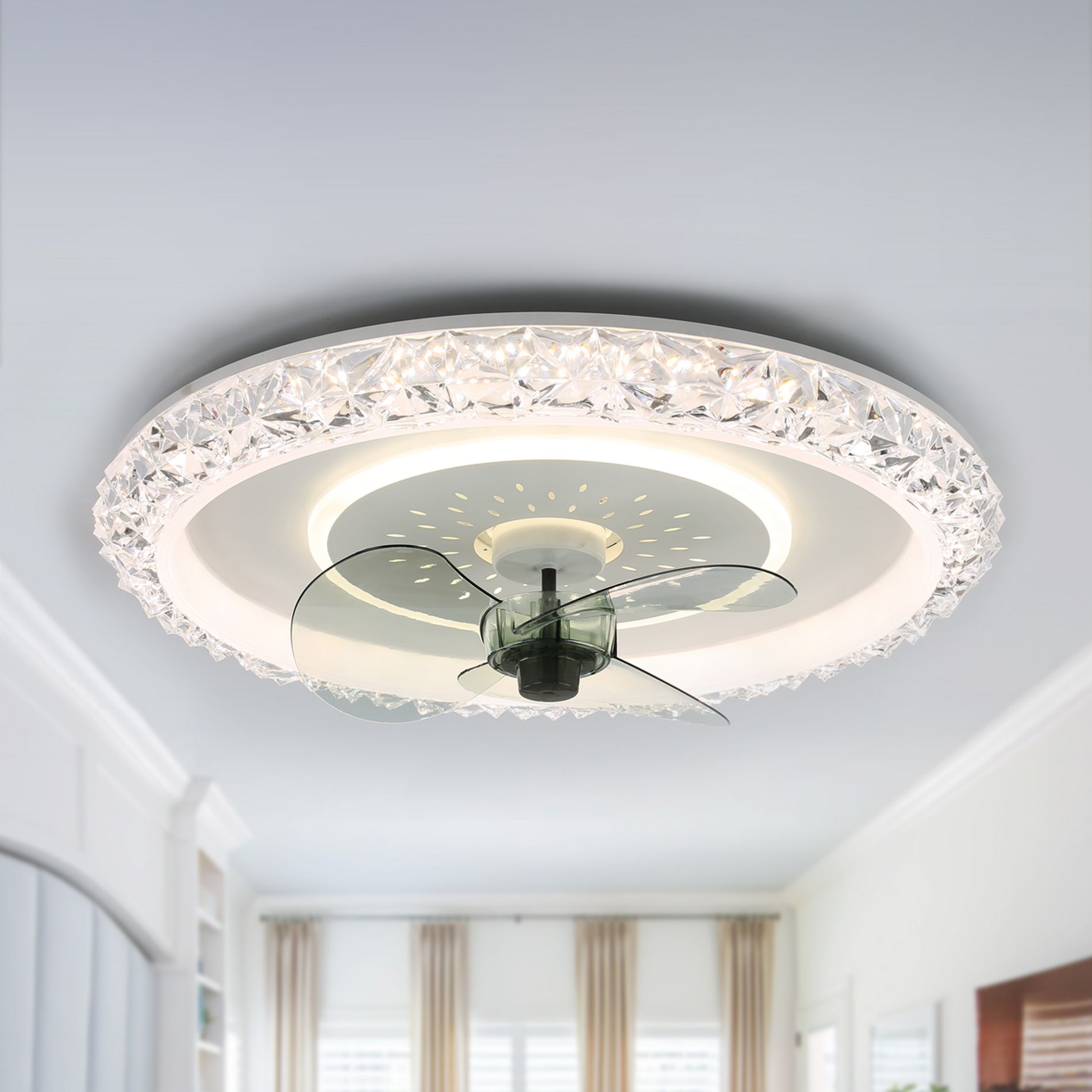 Bella Depot 20" Modern Crystal Low Profile Ceiling Fan with Dimmable Light, 6-Speed Reversible with Remote Control