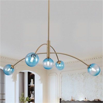 PAKOKULA 5-Light Gold Sputnik Chandelier with Blue Gradient Globe Glass Shades, Modern Curved Arm Fixture for Kitchen Island, 41.3 in. Wide