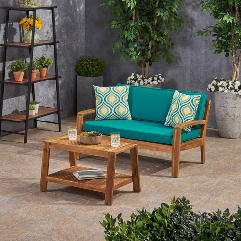 2pc Grenada Acacia Wood Patio Chat Set With Sunbrella Cushions