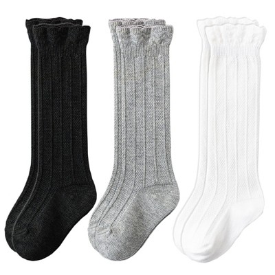 Cozyway Ruffled Knee-High Socks, 3 Pairs for Baby Girls, Black White Grey, 0-6 Months