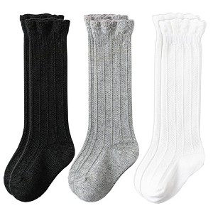Cozyway Ruffled Knee-High Socks, 3 Pairs for Baby Girls, Black White Grey, 0-6 Months - 1 of 4