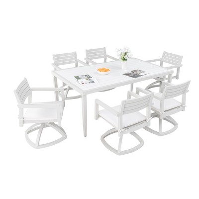 TiramisuBest 7-Piece Outdoor PE Rattan Wicker Dining Set - Acacia Wood Tabletop, Stackable Armrest Chairs,Cushions (Brown)