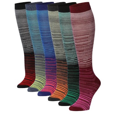 Tipi Toe Womens 6 Pairs Vibrant Two-Toned Colorful Contrasting Space Dye Patterned Knee High Socks