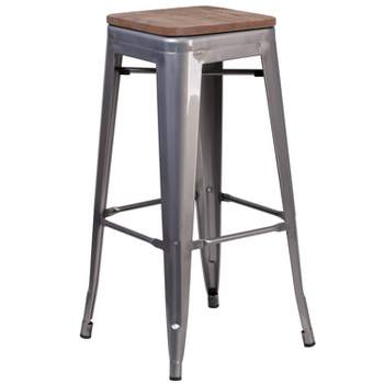 Merrick Lane Clear Coated Gray Metal Bar Counter Stool With Textured Walnut Elm Wood Seat