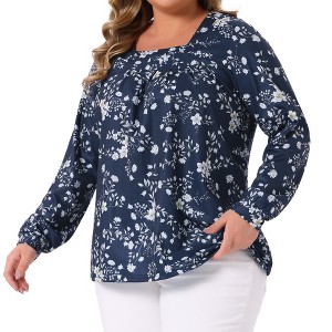 Agnes Orinda Women's Plus Size Floral Print Square Neck Long Sleeve Pleated Casual Tunic Blouses - 1 of 4