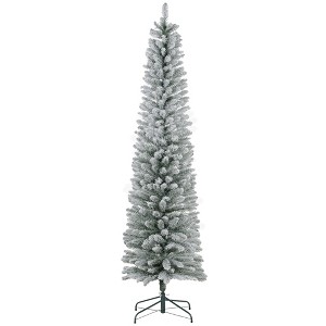 7ft Artificial Christmas Tree, Snow Flocked Branches, Metal Base, Pencil Xmas Tree - 1 of 4
