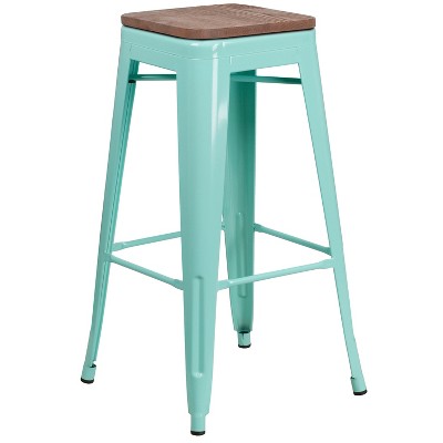 Merrick Lane Backless Metal Dining Stool with Wooden Seat for Indoor Use