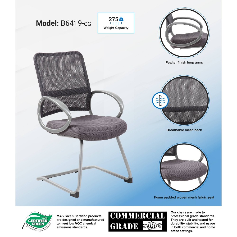 Photos - Computer Chair BOSS Mesh Guest Chair Gray - : Modern Design, Pewter Finish, Breathable, Fixed Loop Arms, 275 lbs Capacity 