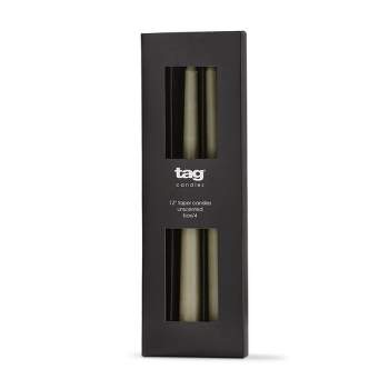 tag Color Studio 12" Traditional Taper Unscented Smokeless Paraffin Wax Candle Sage Green, Set of 4, Burn Time 8 hrs.