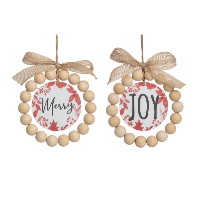 Transpac MDF Beaded Decor Ornament Set of 2 Christmas Home Decorations