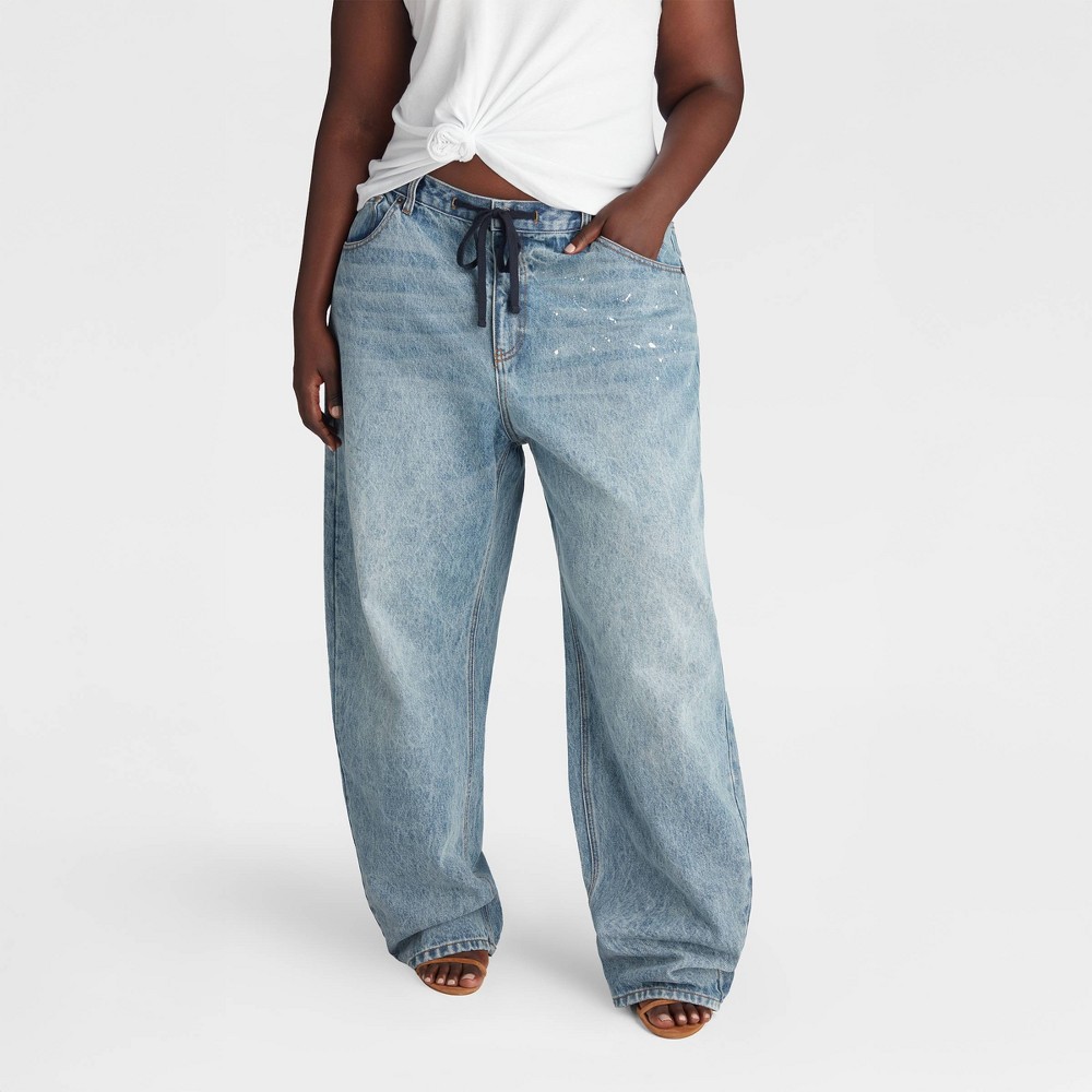 KBB by KAHLANA Women's Mid-Rise Barrel Leg 'The Lynnox Jean' with Paint Splatter - Vintage Blue Denim 24