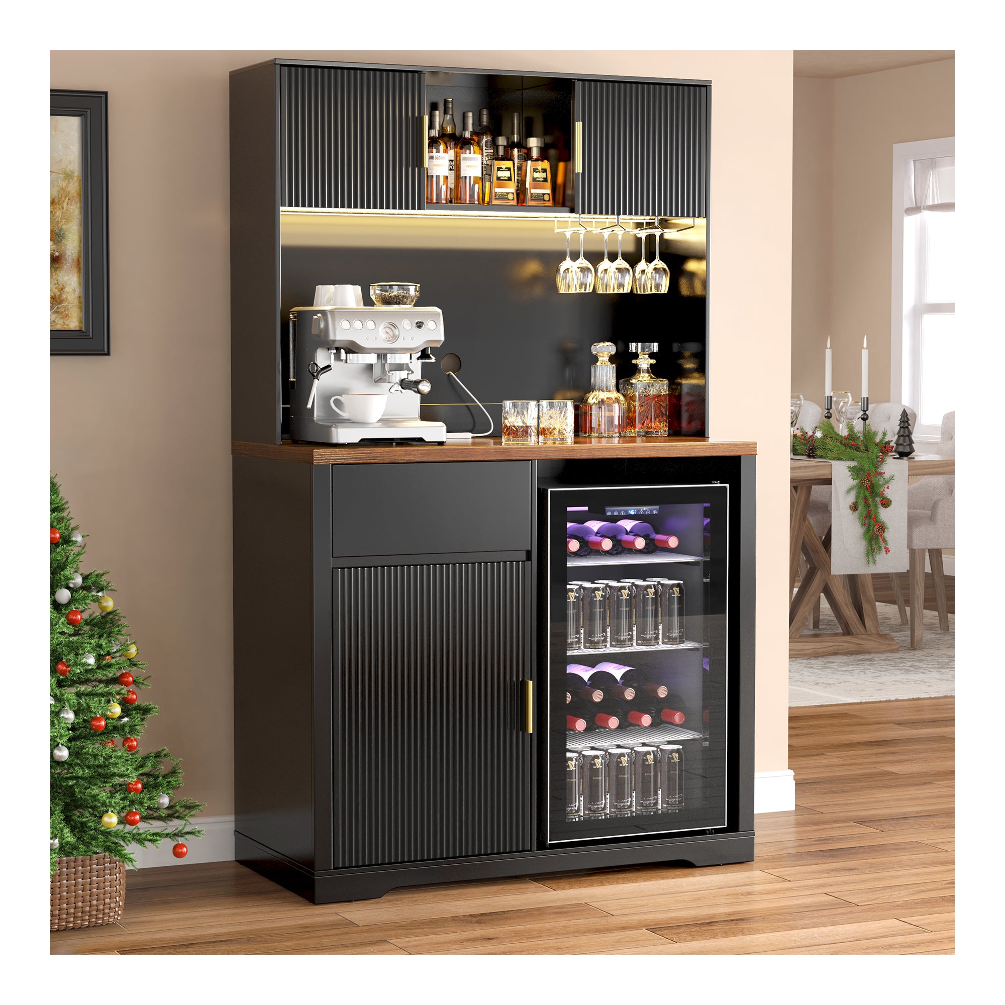 GDLF 72" Tall Bar Cabinet with Fridge Space, Fluted Coffee Liquor Hutch Cabinet with Storage