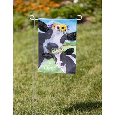 Say Cheese Cows Blue Polyester Burlap Garden Flag