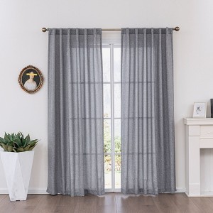 Faux Linen Texture Light Filtering Back Tab Curtains, Semi Sheer Farmhouse Window Curtains (2 Panels) - 1 of 4